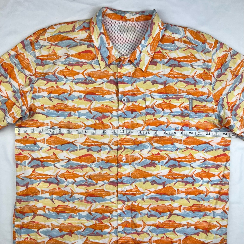 Columbia PFG XL Orange Blue Fish Print Mesh Button Up Short Sleeve Shirt - Picture 7 of 9